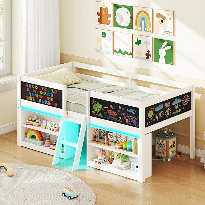 Giantex Low Loft Bed with LED Lights, Wooden Twin Size Loft Bed with Ladder & Blackboard, Twin Bed Frames for Kids with Storage 2 Bookcases and Play Space, White