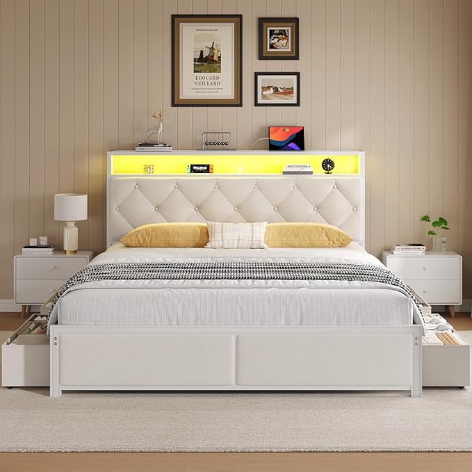Fluest Queen Bed Frame with Headboard, Storage Drawers, Fast Charging Station, Led Lights, Bed Frame Queen Size with Fabric Drawers, Metal Structure, No Box Spring Needed, Easy Assembly, Beige