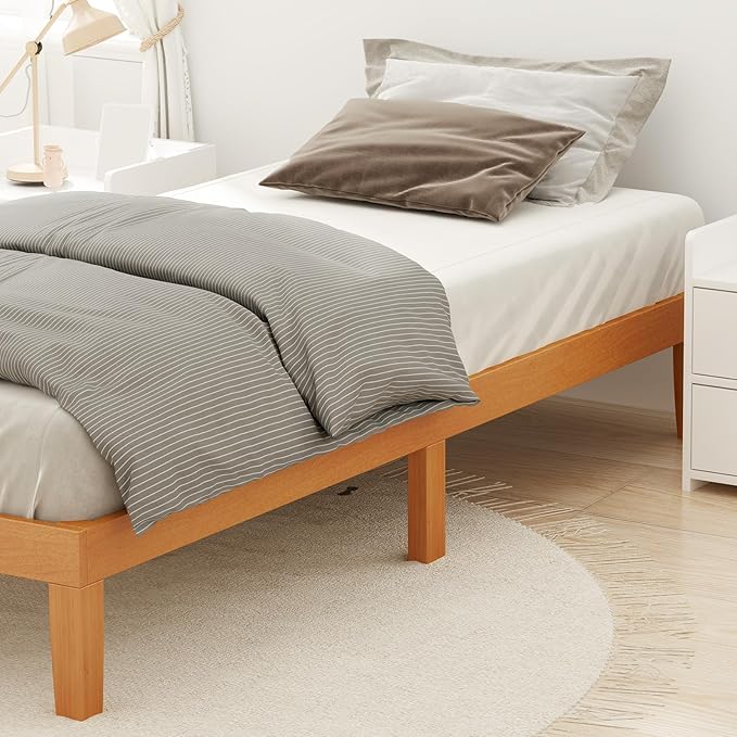 DUMOS Twin Bed Frame, Solid Wooden Bed Base with Wood Slat Support, Sturdy, Stylish & Noise-Free Design, No Box Spring Needed, Easy Assembly, 12 in Natural Pine
