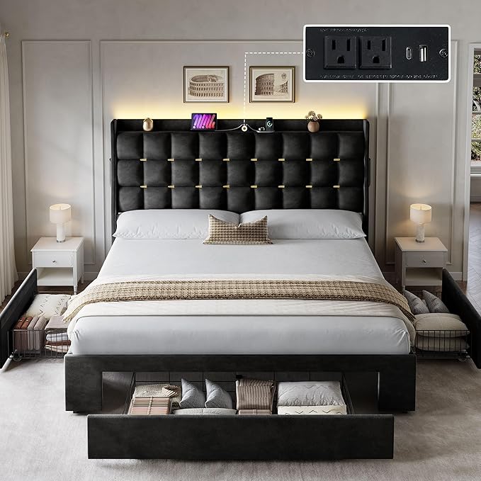 YITAHOME Queen Size Bed Frame with 3 Storage Drawers and RGB LED Lights, Velvet Upholstered Bed with Charging Station and Storage Headboard, No Box Spring Needed, Easy Assembly, Noise-Free, Cool Black