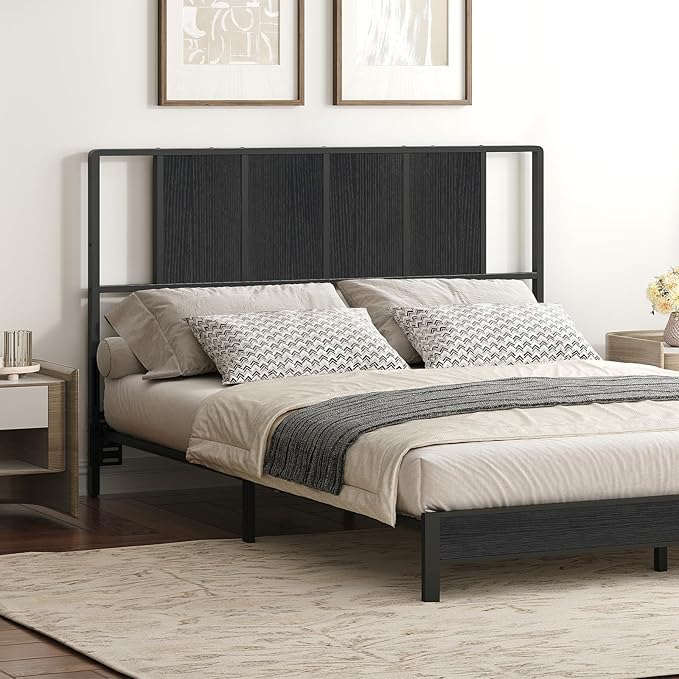 MAHANCRIS Queen Size Headboard Only, Metal Headboard with Adapters, Minimalist Industrial Style for Queen Size Beds, Black