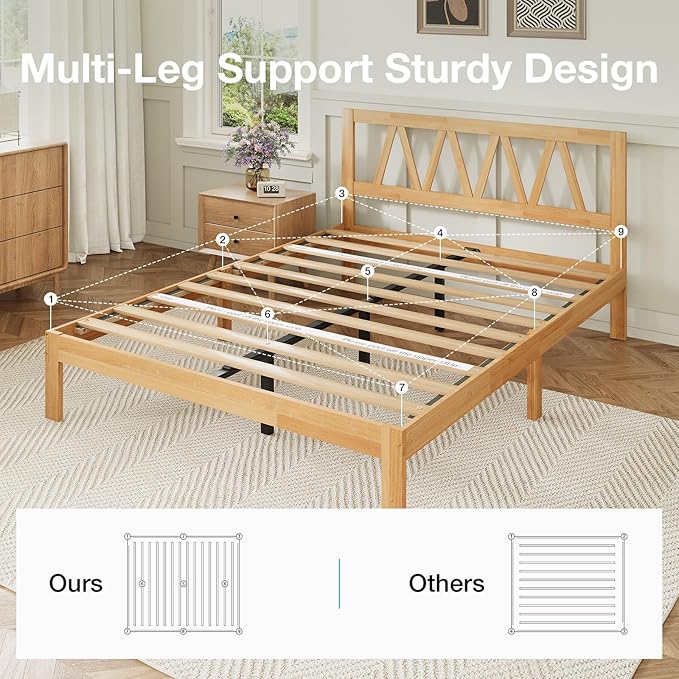 Novilla 12 Inch Full Size Bed Frame Full Bed Frames with Headboard Solid Wooden BedFrame Foundation, No Box Spring Needed, Easy Assembly, Natural Grain Wood