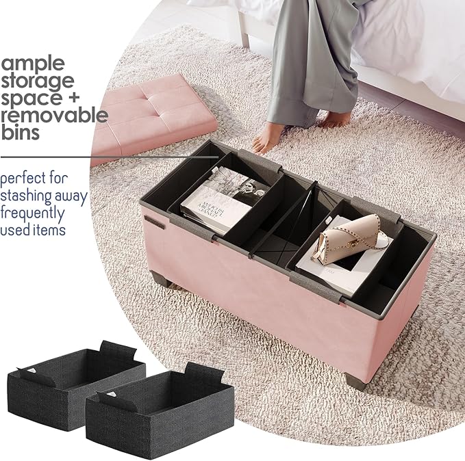 Storage Ottoman Bench with Bins, 30-in Storage Bench for Bedroom End of Bed, Folding Foot Rest Ottoman for Living Room Max 660lbs, Leather Ottomans, Pink
