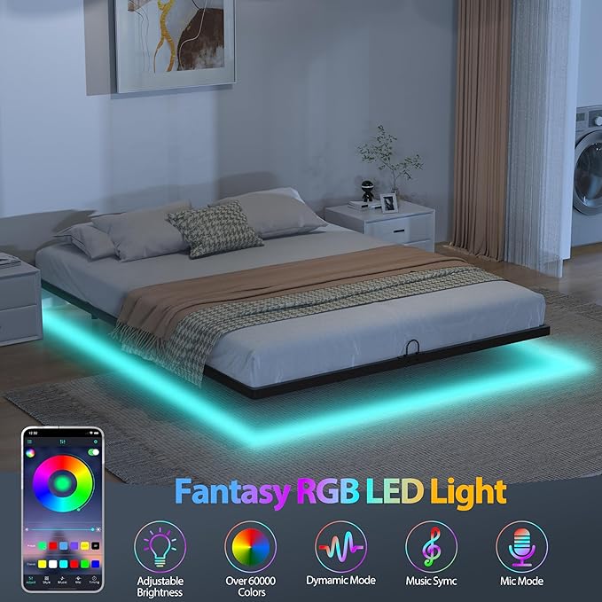 Floating Bed Frame with Smart LED Lights Metal Platform Bed Easy Assembly No Box Spring Needed (King)
