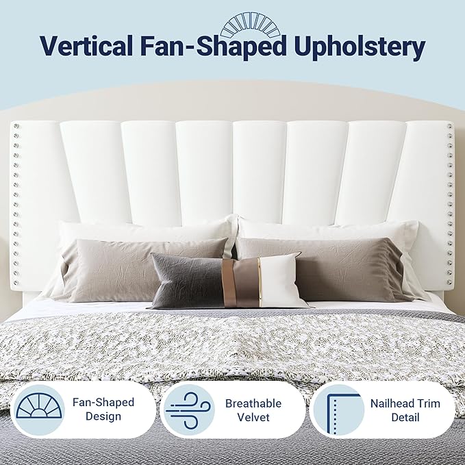 Allewie King Size Bed Frame with Adjustable Velvet Upholstered Headboard, Rivet-Style Nailhead Trim Detail Platform Bed Frame, Wooden Slat Support, No Box Spring Needed, Easy Assembly, White
