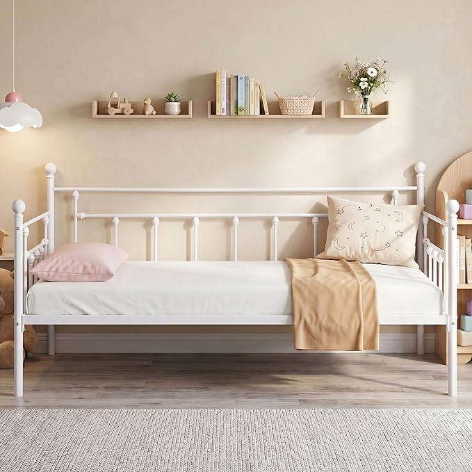 VECELO Daybed Frame, Twin Size Metal Platform Bed with Headboard,Heavy Duty Steel Slats Support for Living Room Bedroom Guest Room, Easy Assembly