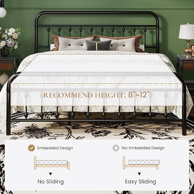 SHA CERLIN King Size Metal Platform Bed Frame with Victorian Style Iron-Art Headboard and Footboard, Easy Assembly, Under Bed Storage, No Box Spring Required, Black