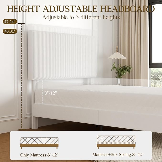 Full Size Bed Frame, Upholstered Platform Bed with Adjustable Headboard, Vertical Fluted Tufted, Soft Corduroy Fabric, Wooden Slats Support, No Box Spring Needed, Easy Assembly, Brown