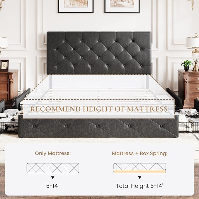 SHA CERLIN Upholstered Full Platform Storage Bed Frame with 4 Drawers, Adjustable Headboard with Faux Leather Diamond Button Tufted Design, Wooden Slat Support, No Box Spring Needed, Black