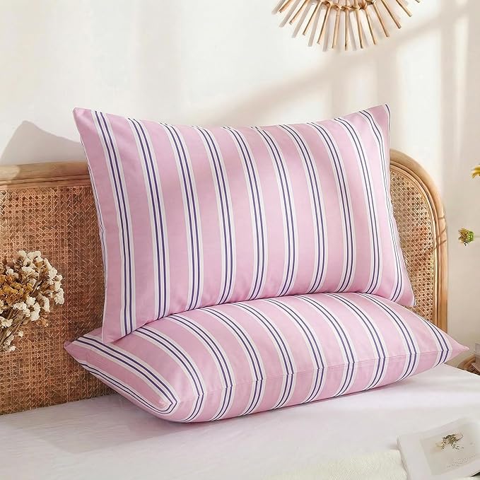 Merryword Queen Size Pillowcases, 100% Cotton Pillow Cases, Purple Striped Pillowcases, Soft Breathable Ribbon Stripe Pillow Covers, Set of 2