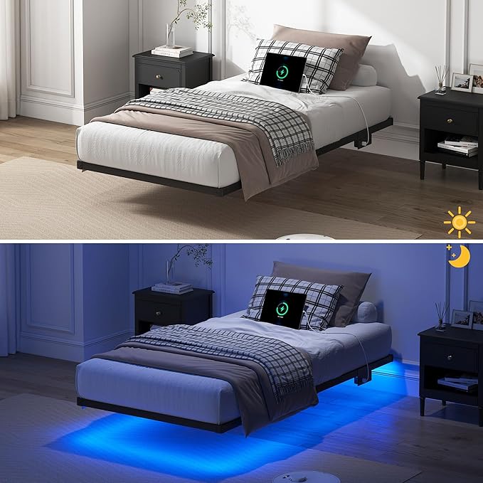 YORMDMO Floating Bed Frame Twin Size, Heavy Duty Bedframe with Smart LED Lights & Charging Station, Modern Metal Platform Bed, Easy Assembly No Box Spring Needed, 10 Inch