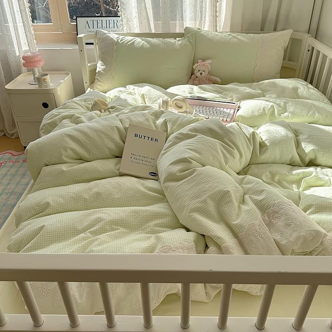 mixinni Green Gingham Duvet Cover Twin Size - 3 Piece Cottagecore Plaid Bedding Set with Lace Trim, Soft Washed Microfiber Vintage Aesthetic Grid Comforter Cover & Pillow Shams, (Green White Gingham)