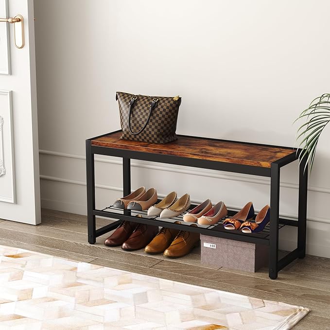 HOMEFORT Shoe Bench, Modern Industrial Shoe Storage Bench, Entryway Bench with Mesh Shelf and Sturdy Metal Frame, Metal Shoe Rack Bench for Hallway, Mudroom, Living Room, Rustic Brown
