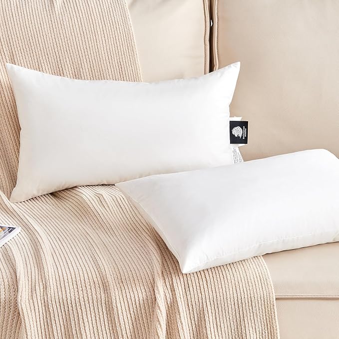 Organic Feather Down Lumbar Pillow Inserts (12x20 Inch, Set of 2) - 100% Cotton Shell, Filling of Feathers & Memory Foam, Rectangular Decorative Pillow Form Core for Couch, Sofa, and Bed