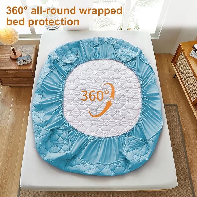 Waterproof Mattress Protector, Noiseless Full Size Mattress Pad with Deep Pocket Fitted Up to 6-12 inches, Soft Breathable Bed Mattress Cover Washable for Bedroom, Hotel (1, Blue, Full)