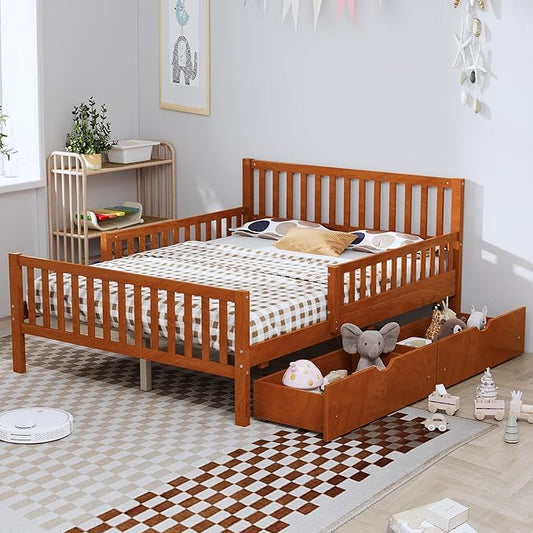 Bellemave Full Bed Frames with Storage Drawers for Kids, Full Bed with Rails, Full beds Frame for Boys/Girls/Adults, Walnut
