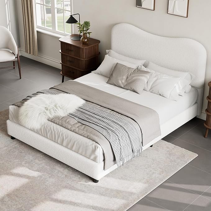 GarveeHome Boucle Queen Bed Frame with Upholstered Headboard, Soft Low Profile Sturdy Platform Bed with Rounded Corners Design, Heavy Duty, Wooden Slats, Noise Free, No Box Spring Needed, White