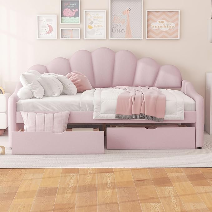 Merax Modern Upholstered Platform Bed Frame with Shall Shaped Backrest & Storage Drawers, Velvet Low Sofa Day Bed, No Box Spring Needed/Easy Assemble/Full,Pink