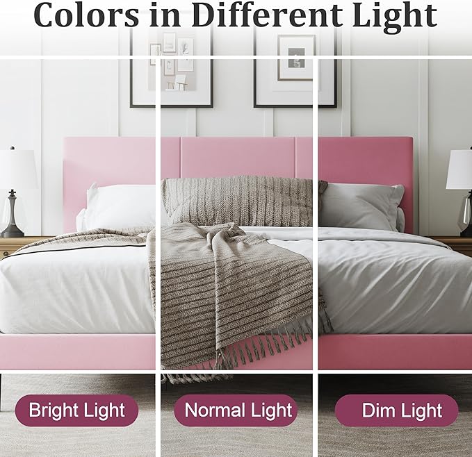 Full Size Bed Frame with Headboard, Velvet Upholstered Platform Bed Frame, Sturdy Slatted Support for Springless Mattresses, Silent Operation, Easy to Assemble, Pink
