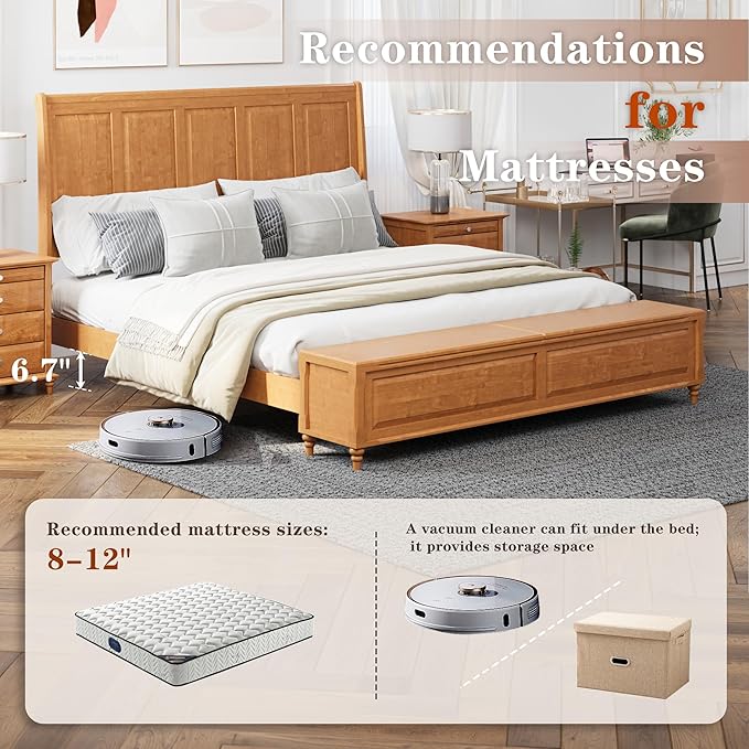 KEIKI King Size Bed Frame with Storage Bench, Solid Wood Sleigh Bed with High Headboard and 64" Storage Chest, Rubberwood Platform Bed, No Box Spring Required, Natural
