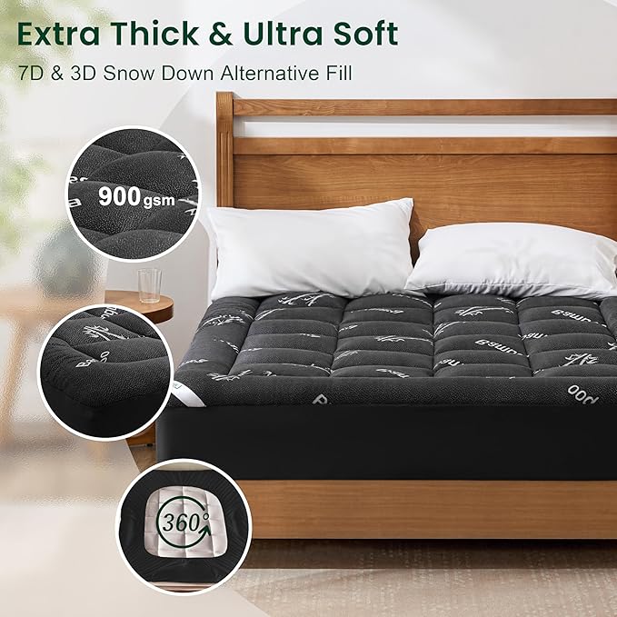 Love's cabin King Mattress Topper Viscose Derived from Bamboo, Thick Pillow Top Mattress Pad with Stretchable Pockets for 8"-20" Mattress, Breathable Cooling Mattress Topper for Hot Sleepers, Black
