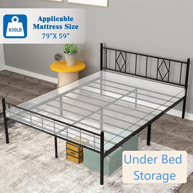 FONTOI Queen Size Bed Frame, 14 Inch Metal Platform Bed with Iron-Art Headboard & Footboard, Max 3500lbs Metal Slat Support, Bed Frame with No Box Spring Needed, Under Bed Storage, Black
