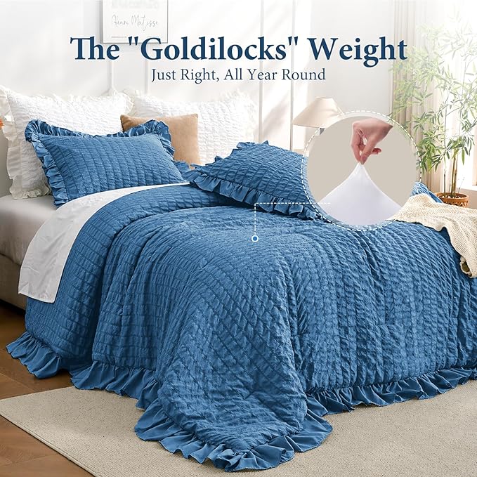 JOLLYVOGUE Teal Comforter Full Size, 3 Pieces Seersucker Lightweight Full Size Bedding, All Season Fluffy Microfiber Bedding Comforter Set with 1 Ruffle Comforter and 2 Ruffle Pillowshams