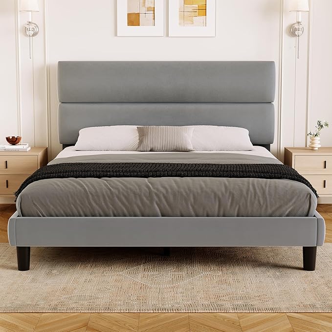 GRUSIGN Queen Size Platform Bed Frame with Velvet Headboard, Adjustable Height Wooden Slats Support, Upholstered Mattress Foundation, Fits Mattress or Mattress with Box Spring, Easy Assembly, Grey