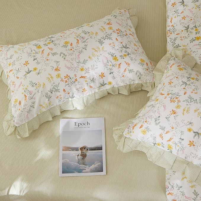 mixinni 100% Cotton Duvet Cover Set King, Reversible Spring Floral Ruffle Green Striped Bedding for Girls, French Country Cottagecore Aesthetic 3PC Duvet Cover with Zipper Closure & Pillowcases