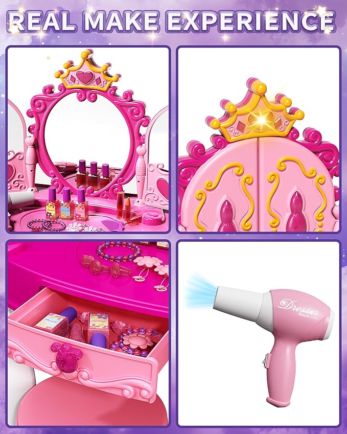 Eohemeral Toddler Makeup Table with Mirror and Chair, Kids Makeup Vanity Set with Accessories and Lights and Music Sound for Girls, Toddlers 3-5 Years Old