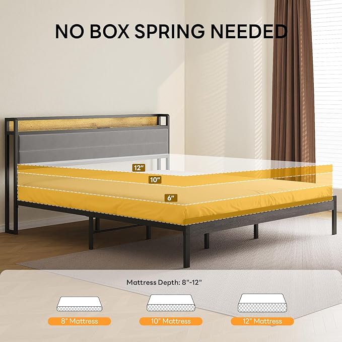 LIKIMIO King Size Bed Frame, Storage Headboard with LED Lights and Charging Station, Metal Platform Bed No Box Spring Needed, Noise Free, Under Bed Storage, Charcoal Gray