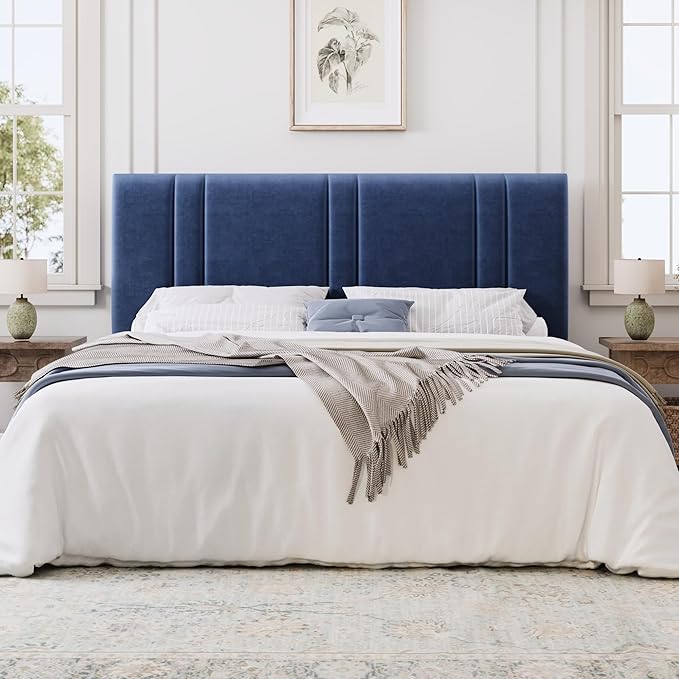 SHA CERLIN King Size Platform Bed Frame, Velvet Upholstered Bed with Adjustable Headboard, Vertical Channel Tufted Design, Sturdy Wood Slat Support, No Box Spring Needed, Easy Assembly, Dark Blue