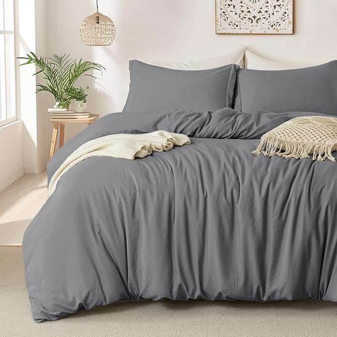 MILDLY Super Soft Duvet Cover - 100% Washed Microfiber Dark Grey Comforter Cover Set 3 Pieces with Zipper Closure & Corner Ties (No Comforter)