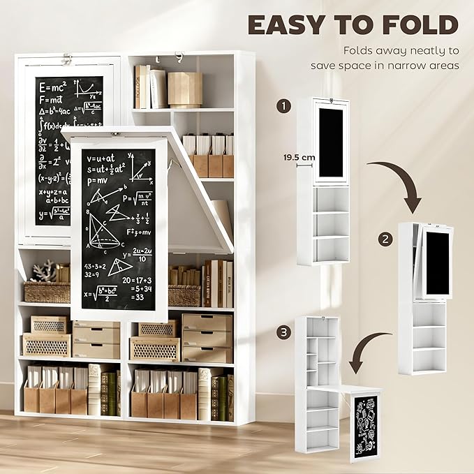 HOMCOM Foldable Convertible Writing Table, Wall Mounted Space-Saving Computer Desk with Chalkboard and Storage Shelves for Small Spaces, Home Office, Bedroom, Dorm, Apartment, White
