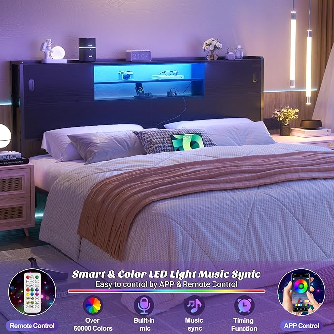 Homieasy King Storage Headboard with Sliding Doors, Bookcase Headboard with Charging Station & Smart LED Light, Headboard Only for King Bed, Wood Headboards with Bookshelf