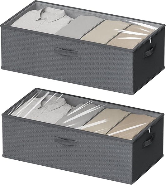 2 Pack Under Bed Storage Containers, 10 Inch Tall Underbed Clothes Storage Organizer Bin with Clear Window，Foldable Box Basket for Clothes, Closet, Bed Sheets and Blankets Gray