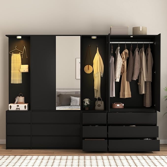 Armoire Wardrobe Closet with Mirror Door and LED Light, Bedroom Armoire with 6 Drawers, Modern Wooden Large Wardrobe Closet with Shelves, Wooden Armoire with Hanging Rod for Bedroom(Black)