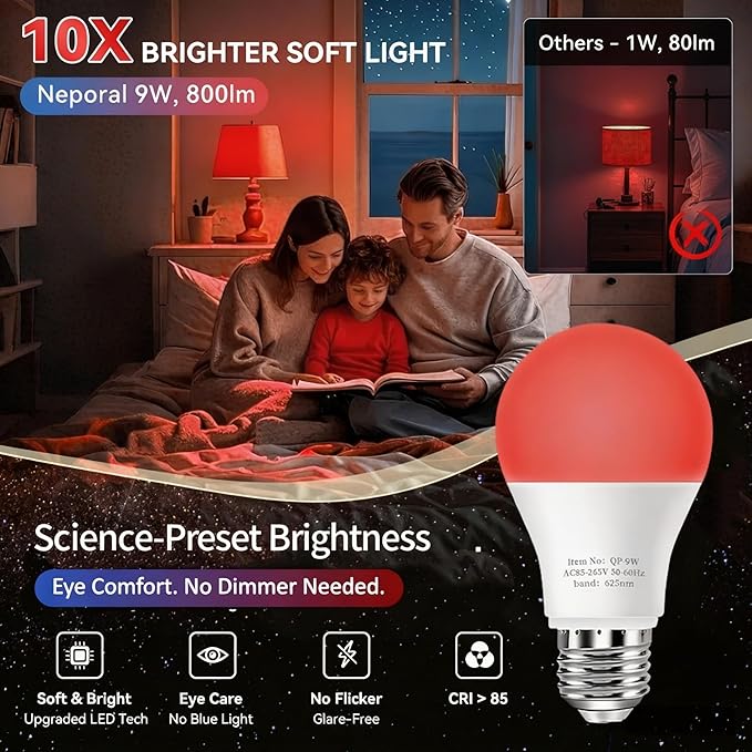 Neporal 625nm Red Light Bulbs for Sleep, 100% Blue Light Blocking Bulb for Melatonin Promote, A19 LED 9W 60W Red Night Bulb for Baby Nursery, Sleep, Read, Bedroom 1PK (White When Off, Red When on)