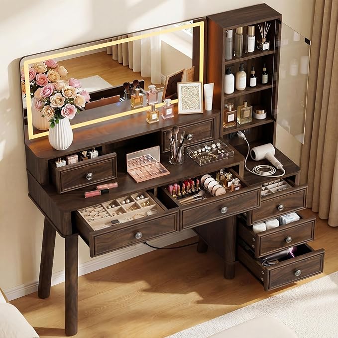 Furmax 48" Makeup Vanity Desk with Large Mirror and Lights,Big Wood Vanity Table with 5 Drawers＆Glass Storage Cabinet with Adjustable Shelves,Dressing Table with Charging Station for Bedroom (Walnut)