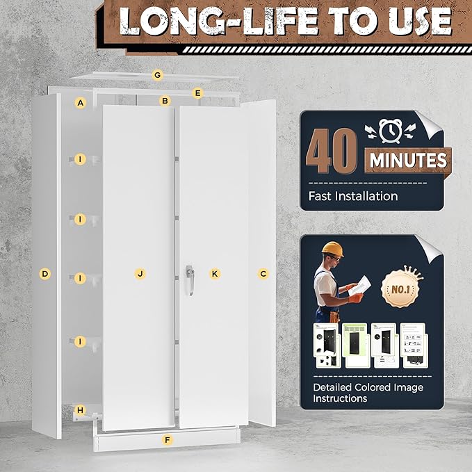 INTERGREAT Garage Storage Cabinets with Doors and Shelves,72" Tall White Steel Locking Cabinets Storage, Metal Cabinet for Home Office, Warehouse, School