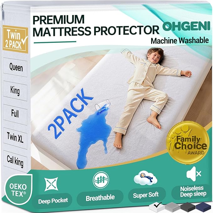 OhGeni 2 Pack Waterproof Mattress Protector, Twin Size Fitted Sheet with Deep Pocket, 6''-16'' Washable Hypoallergenic Mattresses Cover,Noiseless Soft Mattress Pad,Kids' Bedwetting,Pee & Dirt-Proof