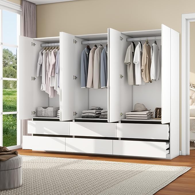 White Wardrobe Closet with Doors: 75" Large Capacity Bedroom Armoire, Wooden Cabinet with 6 Drawers, Hanging Storage Shelves with Hanging Rod (Contemporary, 3)
