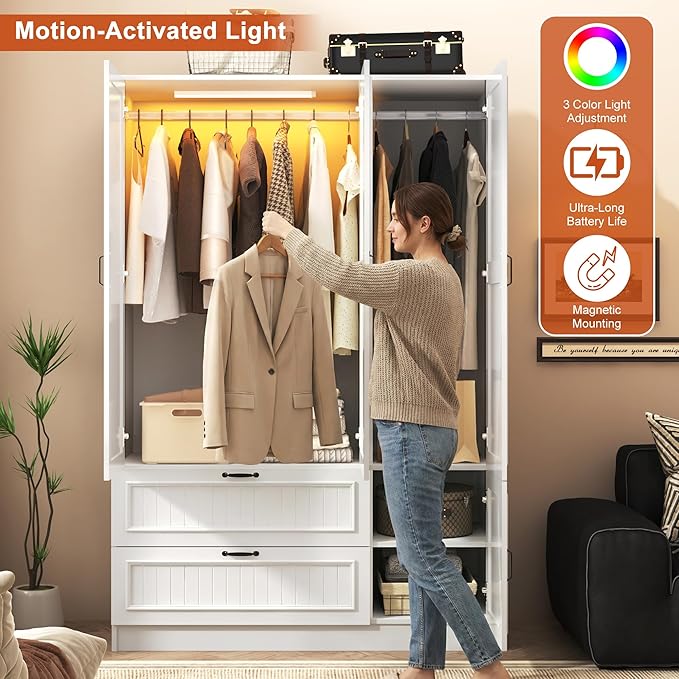 Squireewo Vertical Grooved Style 3 Doors Wardrobe Closet Armoire with Mirrors and LED Lights, 70.3" H Modern Wooden Bedroom Armoires with 2 Drawers, Large Capacity Freestanding Armoire, White