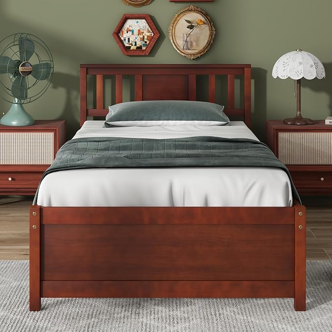 Giantex Twin Bed Frame With Headboard, Mid Century Solid Wood Platform Bed, Single Panel Bed With Slat Support, No Box Spring Needed, for Kids, Walnut