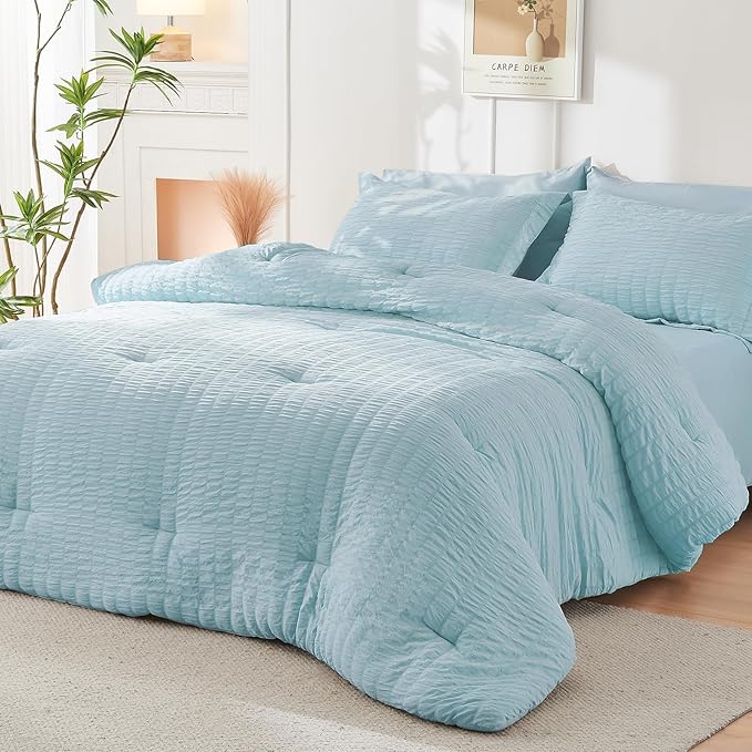 HYMOKEGE Lake Blue Queen Comforter Set Seersucker 7 Pieces, All Season Luxury Bed in a Bag for Bedroom, Bedding Set with Comforters, Sheets, Pillowcases & Shams