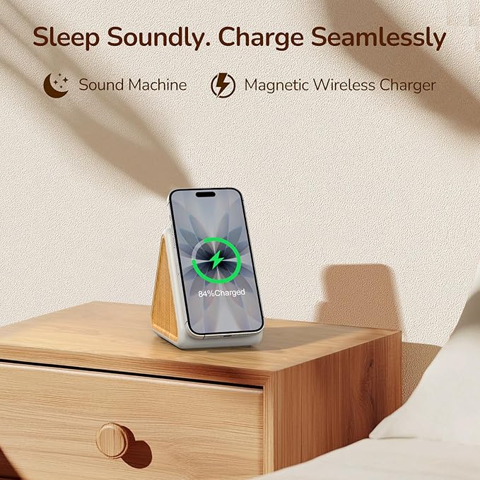 Housbay 2-in-1 White Noise Sound Machine & Magnetic Wireless Charger, Stereo Sleep Sounds, Clutter-Free Bedside Charging Station for iPhone - White Oak