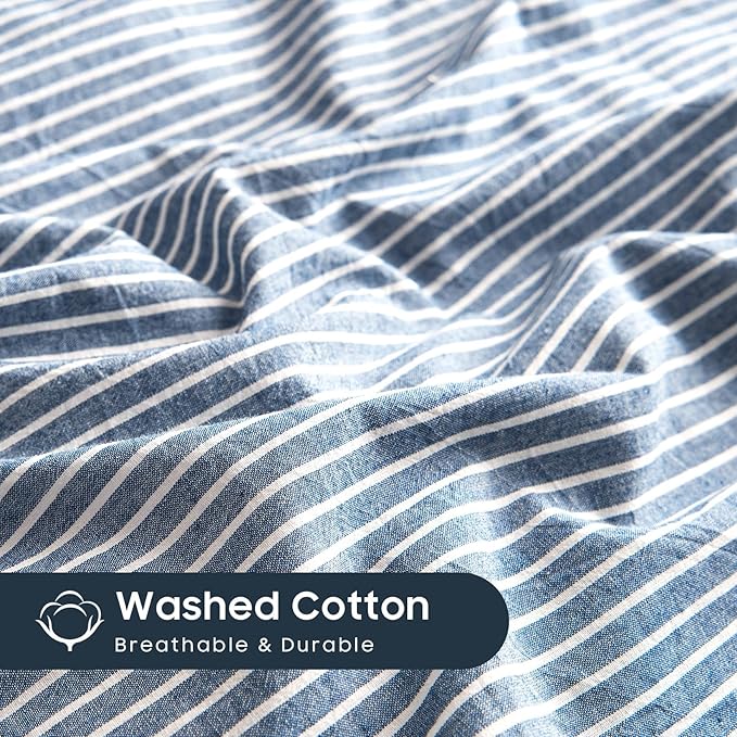 Wake In Cloud - Striped Cotton Duvet Cover Set, 100% Washed Cotton Textured Percale Bedding Set, Ticking Stripe Pinstripe Farmhouse, 3 Pieces, Denim Blue, Twin Size