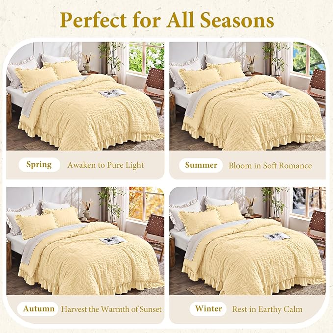 JOLLYVOGUE King Size Comforter Set, 3 Pieces Light Yellow Seersucker Comforters King Size, Lightweight & Fluffy Bedding Sets King for All Season with 1 Ruffle Comforter and 2 Ruffle Pillowshams