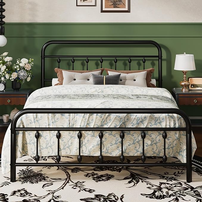 SHA CERLIN Full Size Metal Platform Bed Frame with Victorian Style Iron-Art Headboard and Footboard, Easy Assembly, Under Bed Storage, No Box Spring Required, Black