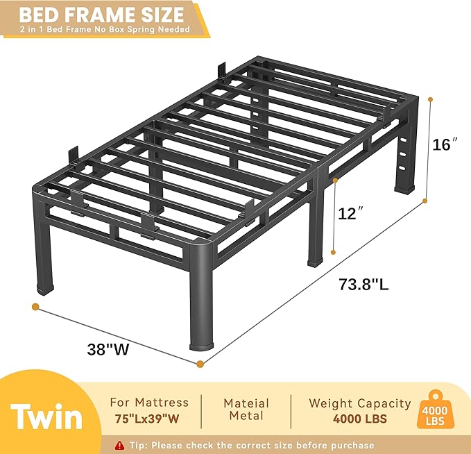 16 Inch Twin Bed Frames Heavy Duty, Metal Double Layer Steel 4000 lbs Capacity, Platform with Large Under Bed Storage Space, No Box Spring Needed, Noise-Free, Easy Assembly